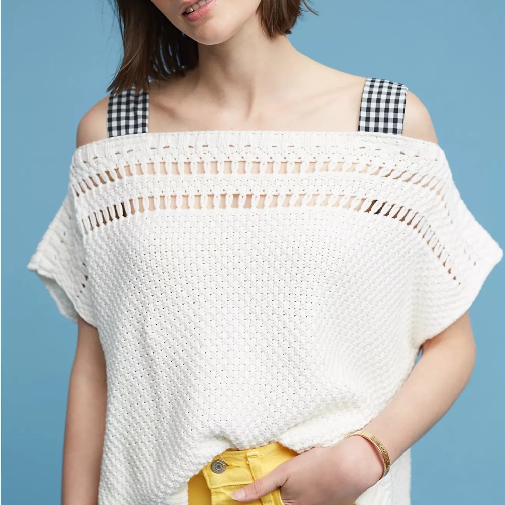 Anthropologie Maeve Gingham Ribbon-Sleeve Sweater‎ Top Small White Crochet Knit